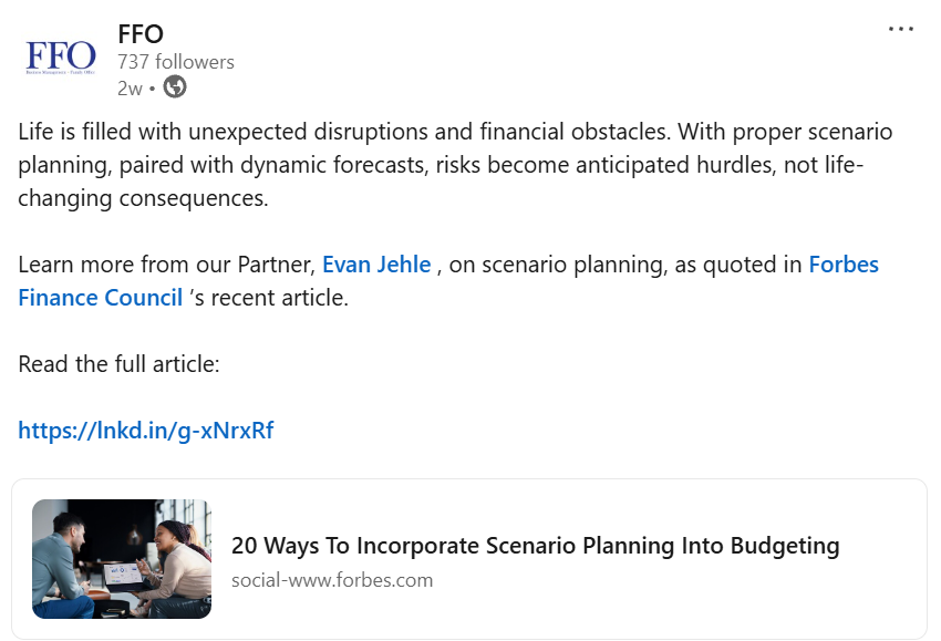 FFO LinkedIn post promoting a partner's quote in the Forbes Finance Council article on scenario planning