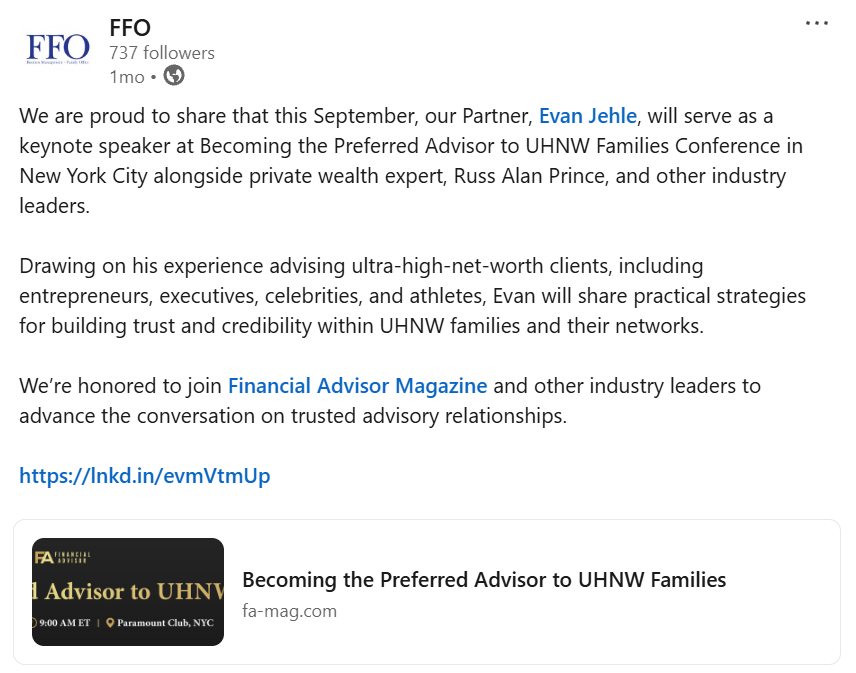 FFO LinkedIn post announcing a partner's keynote at the Becoming the Preferred Advisor to UHNW Families conference