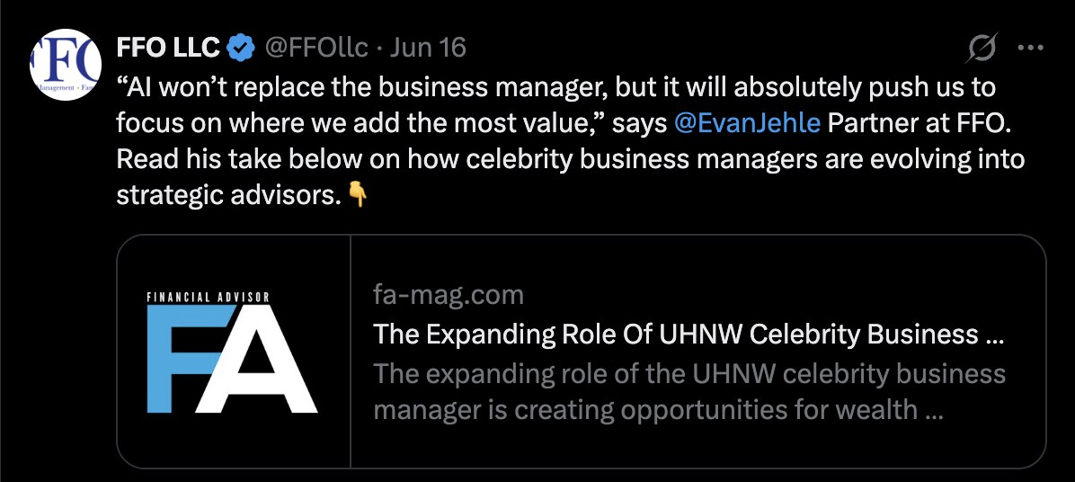 FFO post on X quoting Evan Jehle on how celebrity business managers are evolving into strategic advisors