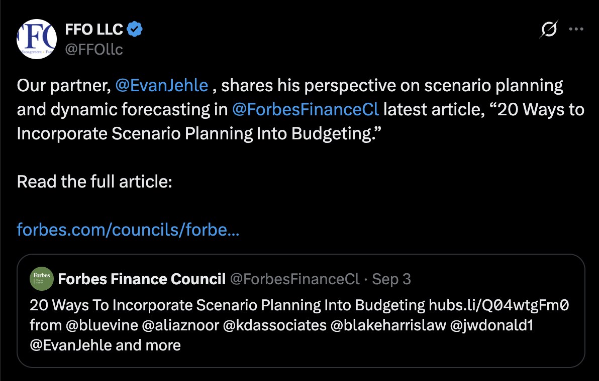FFO post on X sharing Evan Jehle's perspective in the Forbes Finance Council article on scenario planning